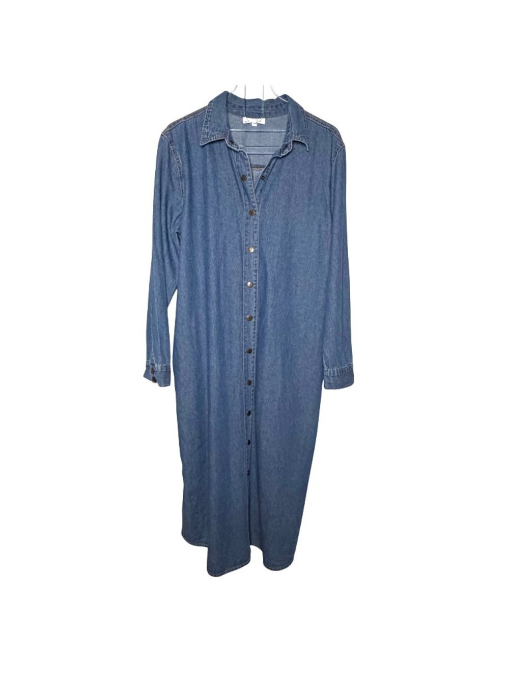 Vintage Womens Large Denim Shirt Dress Long Sleeve Midi Modest Church Trad Wife